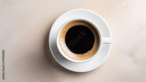 Hot espresso in white cup and coffee beans with free space for text on the light background, morning routine, poster, top view, close up