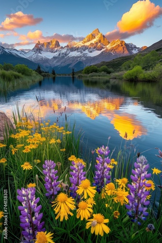 Majesty of sunset with blooming wildflowers near a mountain lake
