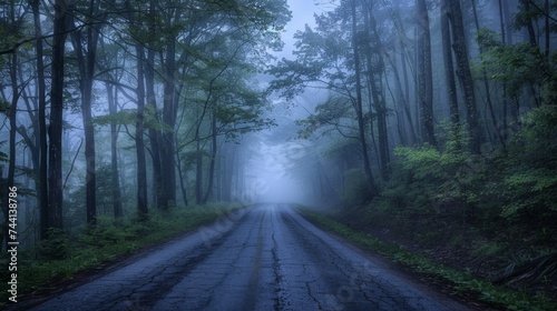 A foggy road winds through a mystical woodland, enveloped by oldgrowth trees and mist, creating a tranquil natural landscape