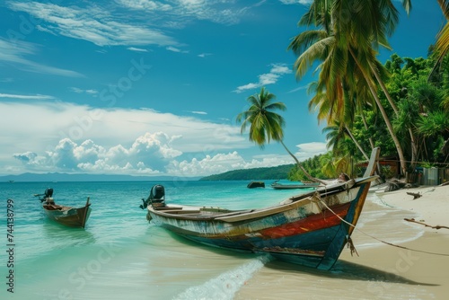 Tropical beach view with traditional boats and serene blue waters