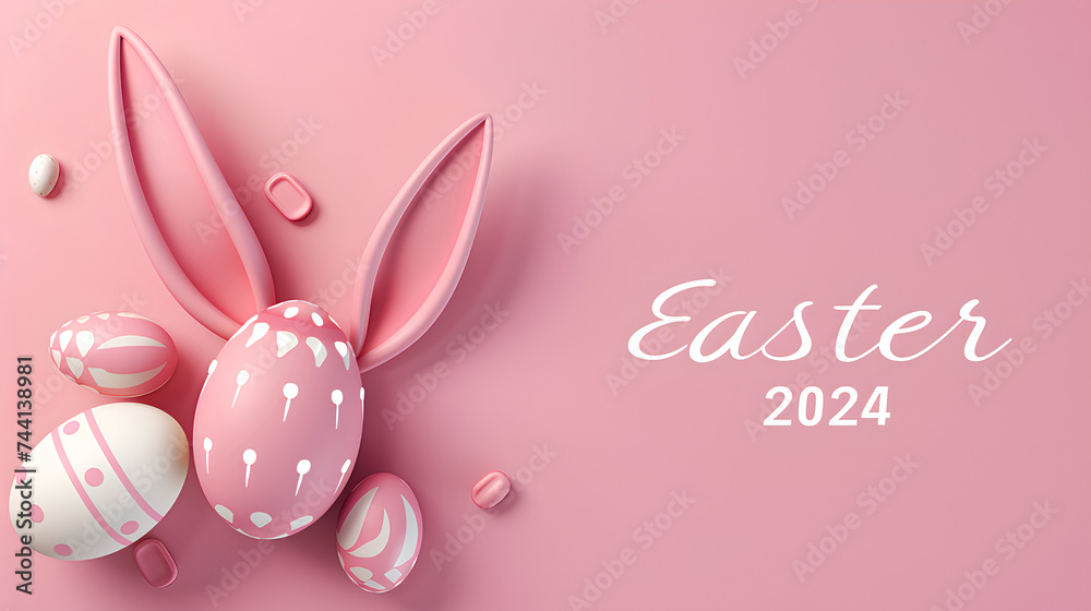 a minimal line drawing illustration of bunny ears and an Easter egg, write the text 