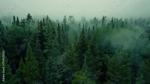 Aerial photography of a Norwegian forest. Treetops in the fog. Beautiful nature background