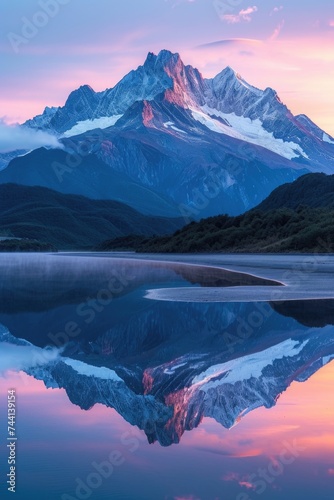 Reflection of crisp mountains on serene waters at dusk © Landscape Planet