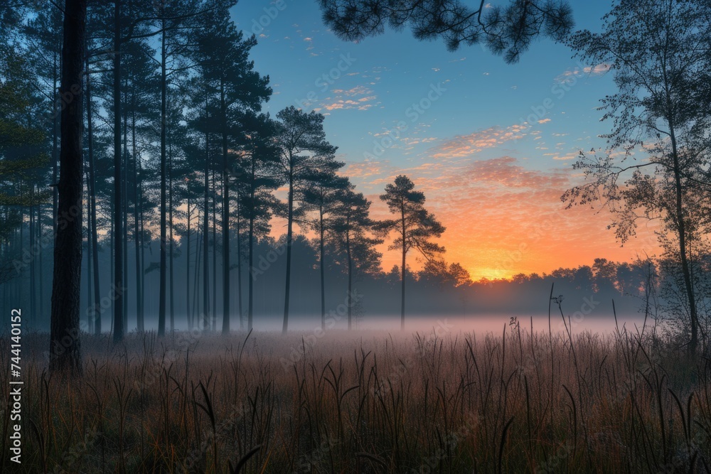 Sunrise in a fog-shrouded forest Sunrise in a fog-shrouded forest