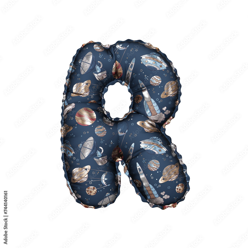 3D Helium Balloon Letter R with children cartoon space & planets texture with ufo 3D Helium Balloon Letter R with children cartoon space & planets texture with ufo