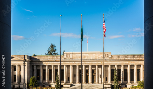 Washington State Temple of Justice Supreme Court law library flags front south from capitol building