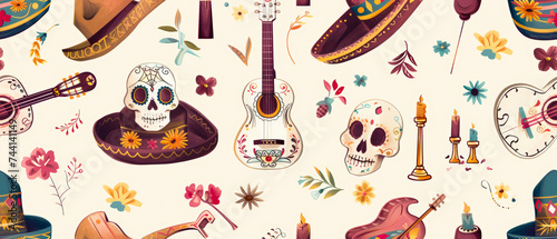 Seamless pattern of Mexican Day of the Dead. Nice design elements for print.