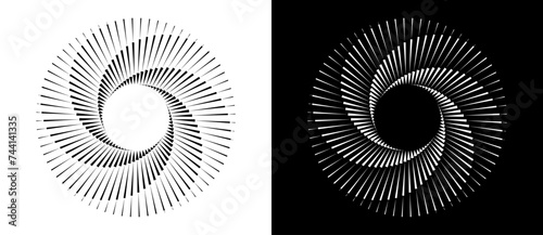 Abstract background with lines in circle. Art design spiral as logo or icon. A black figure on a white background and an equally white figure on the black side.