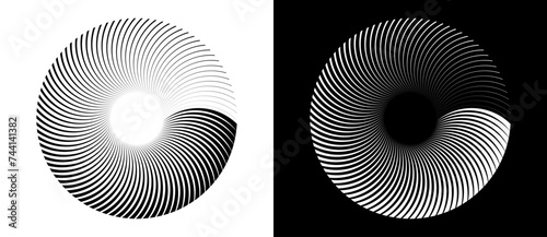 Radial lines of different thickness, as a logo or abstract background. A rotating circle like a loading sign. Black circle on a white background and the same white circle on the black side. photo