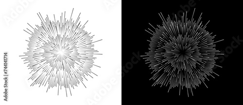 Abstract background with burning lines in circle. Design element or icon. Black shape on a white background and the same white shape on the black side.