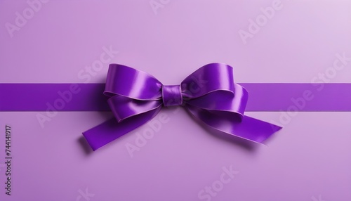 Purple silk ribbon with bow, horizontal, violet background, free space for greetings