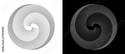 Spiral with lines as dynamic abstract vector background or logo or icon. Yin and Yang symbol. Design element or icon. Black shape on a white background and the same white shape on the black side.