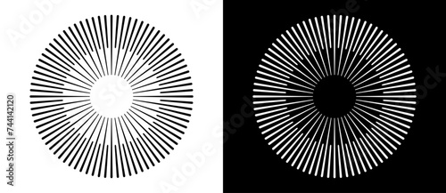 Art sun background. Tattoo template or logo with lines. Design element or icon. Black shape on a white background and the same white shape on the black side.