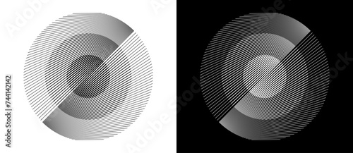 Transition parallel lines in circles. Abstract art geometric background for logo, icon, tattoo. Black shape on a white background and the same white shape on the black side.