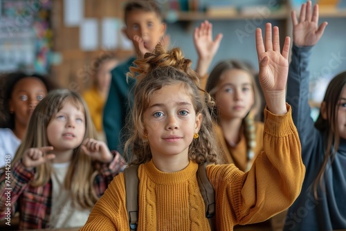A young girl's radiant smile lights up the classroom as she proudly raises her hands in excitement, her vibrant clothing adding to the joyful atmosphere against the backdrop of a plain wall