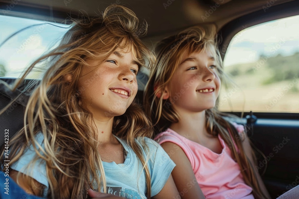 Two young women with long brown hair smile happily as they cruise down the open road in their stylish car, enjoying the freedom of the outdoors and the thrill of being in control of a powerful land v Two young women with long brown hair smile happily as they cruise down the open road in their stylish car, enjoying the freedom of the outdoors and the thrill of being in control of a powerful land v