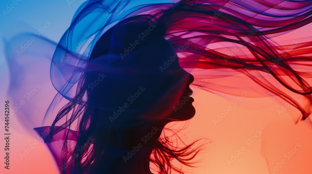 A mystical aura surrounds the figure of a woman, her veil draped in shades of magenta and violet, evoking a sense of ethereal beauty and artistic grace A mystical aura surrounds the figure of a woman, her veil draped in shades of magenta and violet, evoking a sense of ethereal beauty and artistic grace