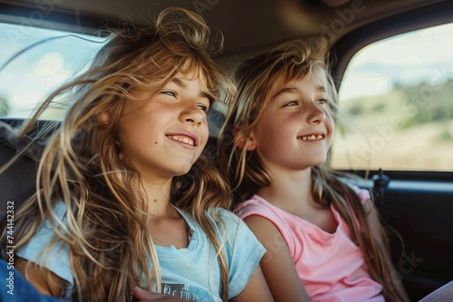 Two young women with long brown hair smile happily as they cruise down the open road in their stylish car, enjoying the freedom of the outdoors and the thrill of being in control of a powerful land v © Pinklife