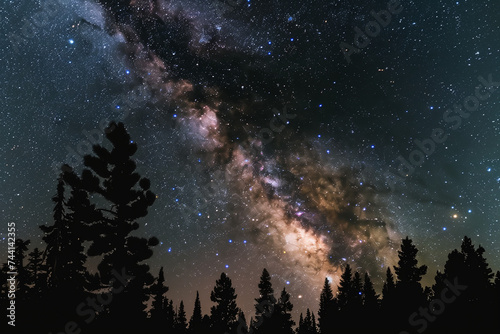 A night sky glittering with stars and the Milky Way, silhouetted by the outlines of towering trees.