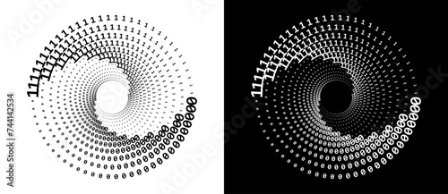 Numbers one and zero in a spiral. Big data concept, logo or icon. Black shape on a white background and the same white shape on the black side.