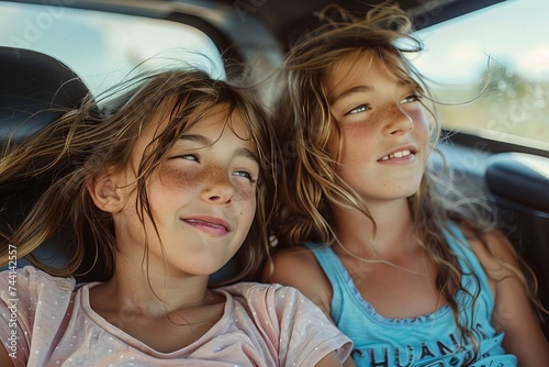 Two women share a moment of joy and connection as they sit in their car, gazing up at the sky with beaming smiles, their brown hair flowing in the wind, their fashionable outfits a reflection of thei © Pinklife
