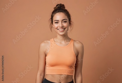 A young woman with a top knot and an energetic smile, dressed in a sporty orange crop top, ready for an active lifestyle.