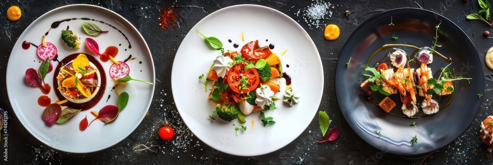Artistic fine dining presentation with colorful vegetable garnishes Artistic fine dining presentation with colorful vegetable garnishes
