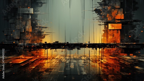 Mysterious cityscape with glowing orange lights amidst towering dark structures