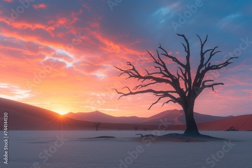 Surreal desert sunrise: tree silhouette against colorful sky