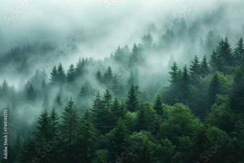 Foggy evergreen forest landscape