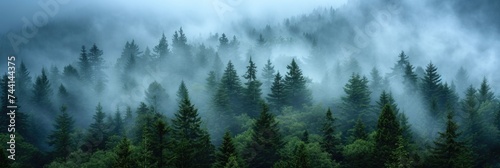 An enchanted misty pine forest
