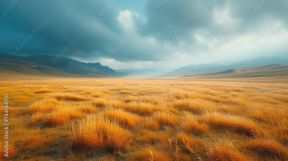 Serene golden meadow with mountains