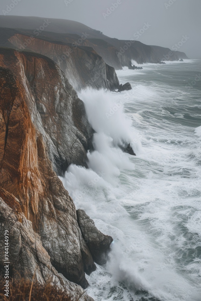 Rocky cliffs and stormy sea at dusk