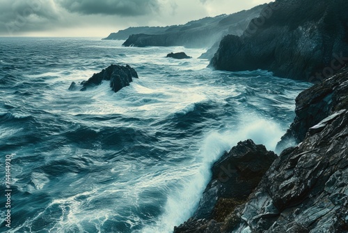 Rocky cliffs and stormy sea at dusk