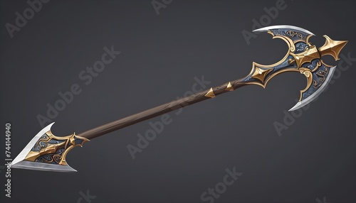 Fantasy d&d double halberd isolated, gold finiture, for elves