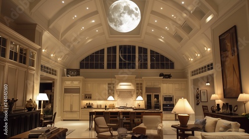 Moonlight streams through skylights in the vaulted ceiling of a lavish living room and kitchen, illuminating the elegant furnishings below photo