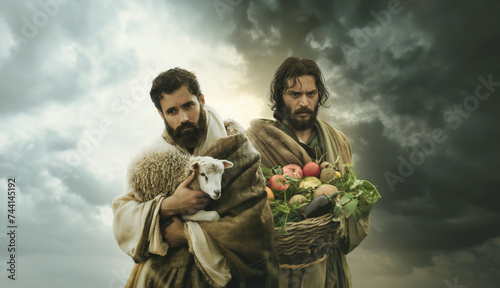 Biblical Story of Cain and Abel from the book of Genesis. Religious concept art. Sibling Rivalry, Offerings, Jealousy, Murder, Sin, Consequences. consequences of sin and disobedience photo