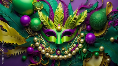 Colorful Mardi Gras mask with green and purple feathers, beads, lights, and jewelry background 