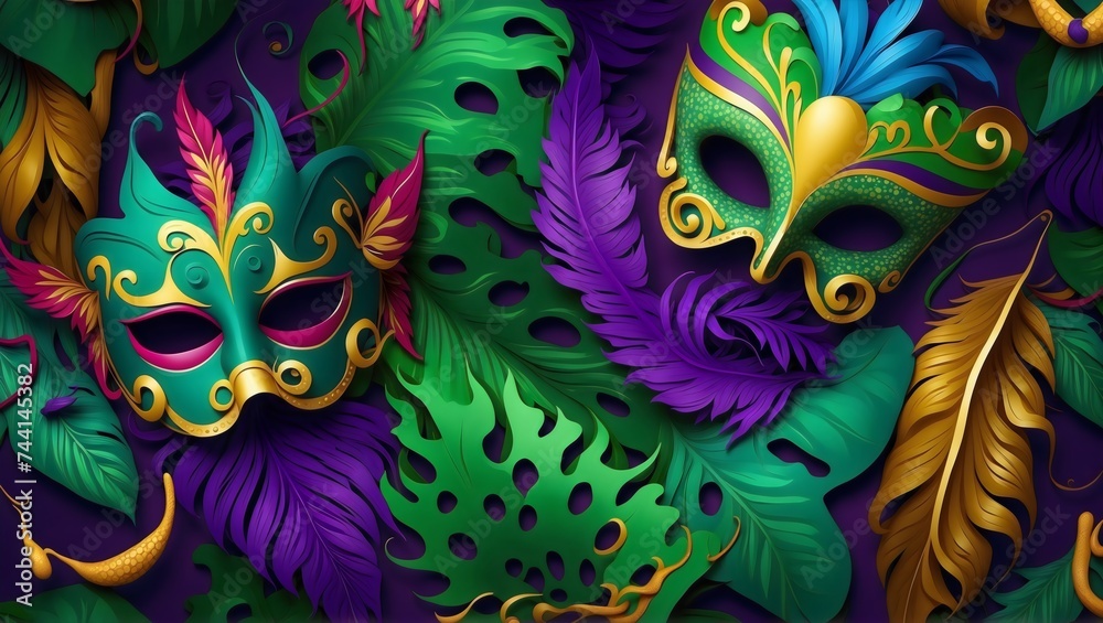 Colorful masks with gold, feathers, and glitter on a purple background, creating a fantasy vibe with glowing leaves
