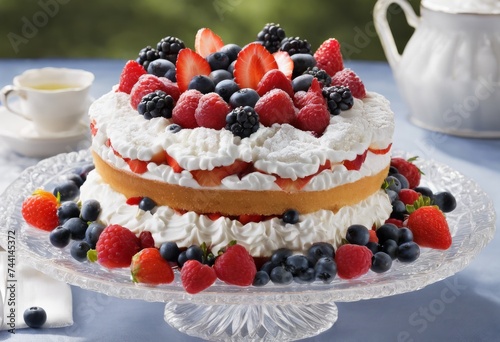 Delicate Sponge Cake Garnished with Fresh Berries and Light Whipped Cream on a Crystal Plate  crystal  vibrant  focus  assortment