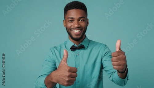 A man with a bright smile and two thumbs up wearing a teal shirt, showing approval and happiness.