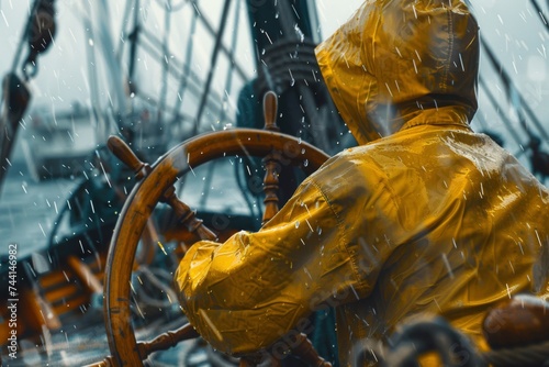 view from behind, a sailor in yellow overalls and hood driving steering wheel of vintage frigate, rainy midday on ocean  © cristian