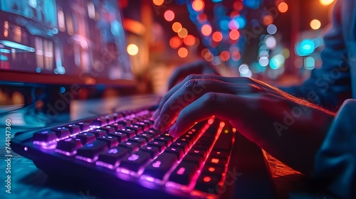 Male hands are typing on a laptop keyboard, a man works, develops a business, studies, plays a computer game at night photo