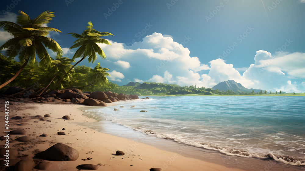 Tropical landscape HD 8k background wallpaper Stock Photographic ,
Arafed view of a beach with palm trees and a rocky shore