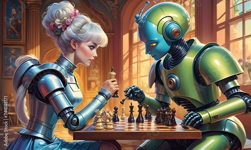 An animated cartoon shows a man and a woman sharing a fun game of chess on a table. This fictional event of indoor games and sports is portrayed as art in the cartoon