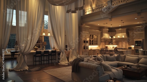 The soft glow of twilight filters through sheer curtains into a grand living room and kitchen  showcasing vaulted ceilings and luxurious furnishings.