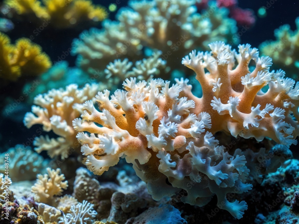 Coral bleaching linked to elevated sea temps: Loss of symbiotic zooxanthellae threatens Pacific reef. Impact of sea temp rise on Pacific reef - obrazy, fototapety, plakaty 