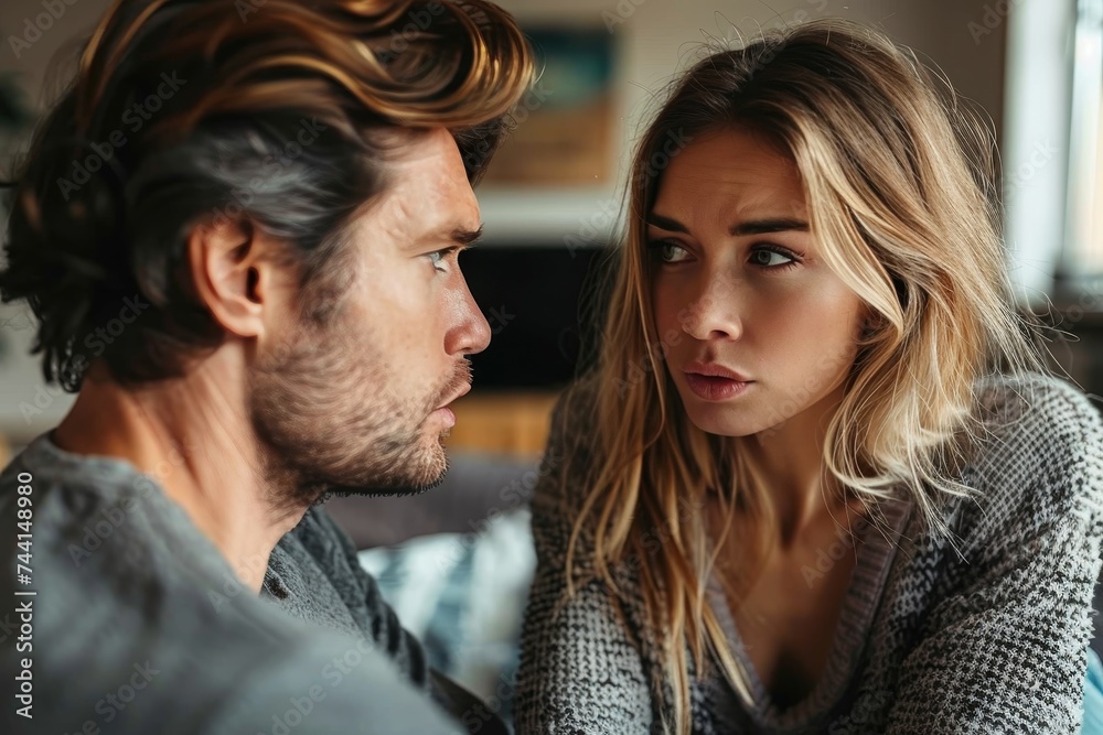 A woman with brown hair and a captivating gaze meets the eyes of a man, their clothing and hairstyles speaking volumes about their personalities and the unspoken tension between them A woman with brown hair and a captivating gaze meets the eyes of a man, their clothing and hairstyles speaking volumes about their personalities and the unspoken tension between them