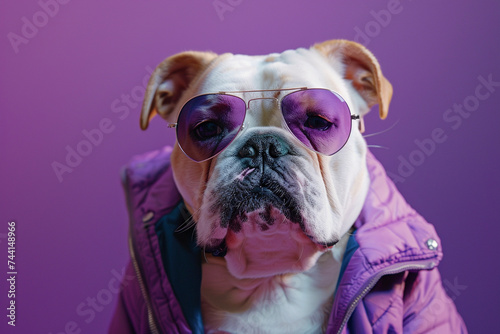 Bulldog wearing clothes and sunglasses on Purple background © Ricardo Costa