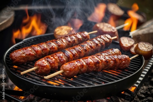 BBQ with fiery sausages on the grill outdoor picnic. Picnic BBQ with fiery grilled sausages